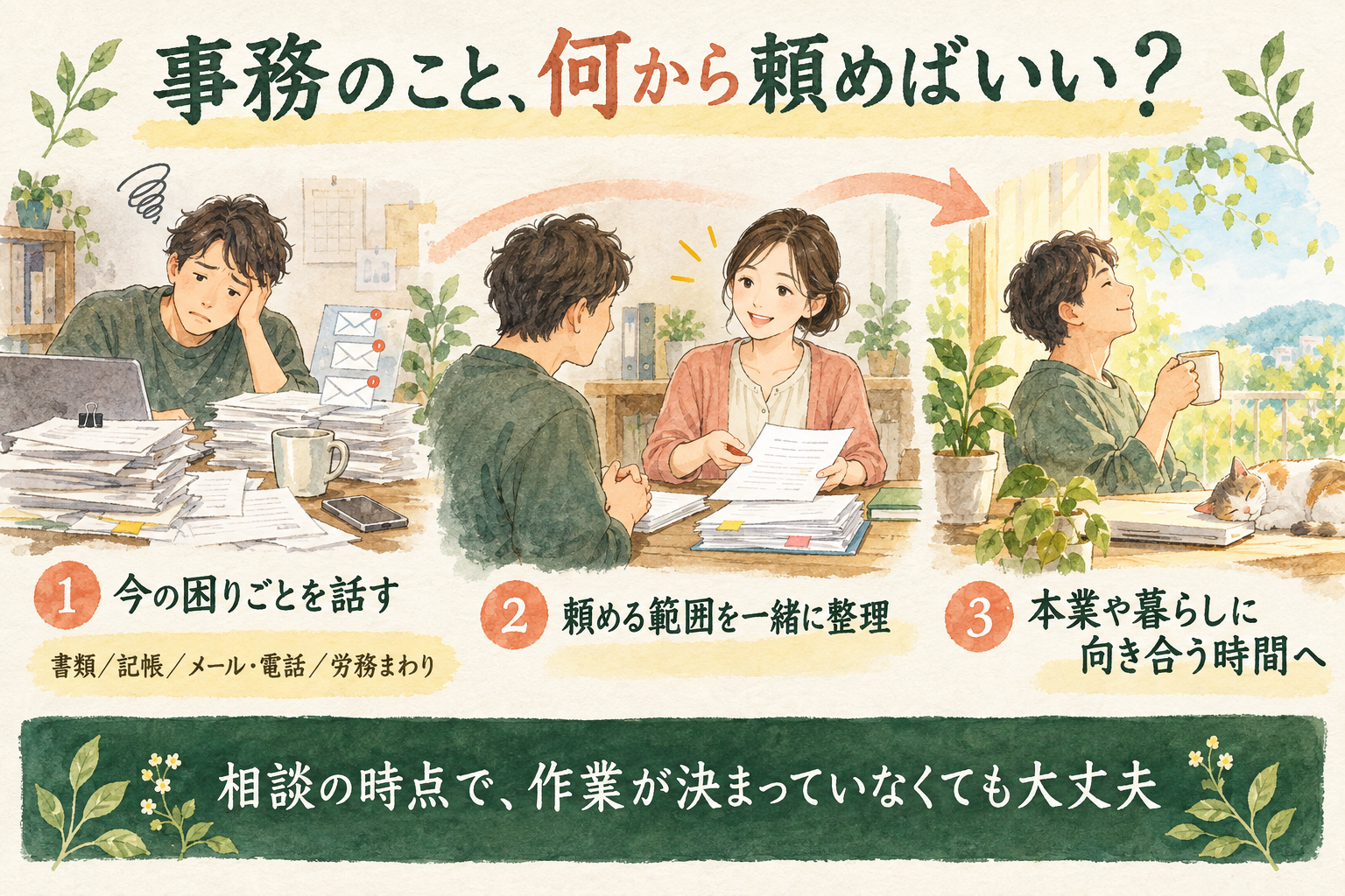 事務の困りごとを話し、頼める範囲を一緒に整理して、本業や暮らしに向き合う時間につなげる流れ