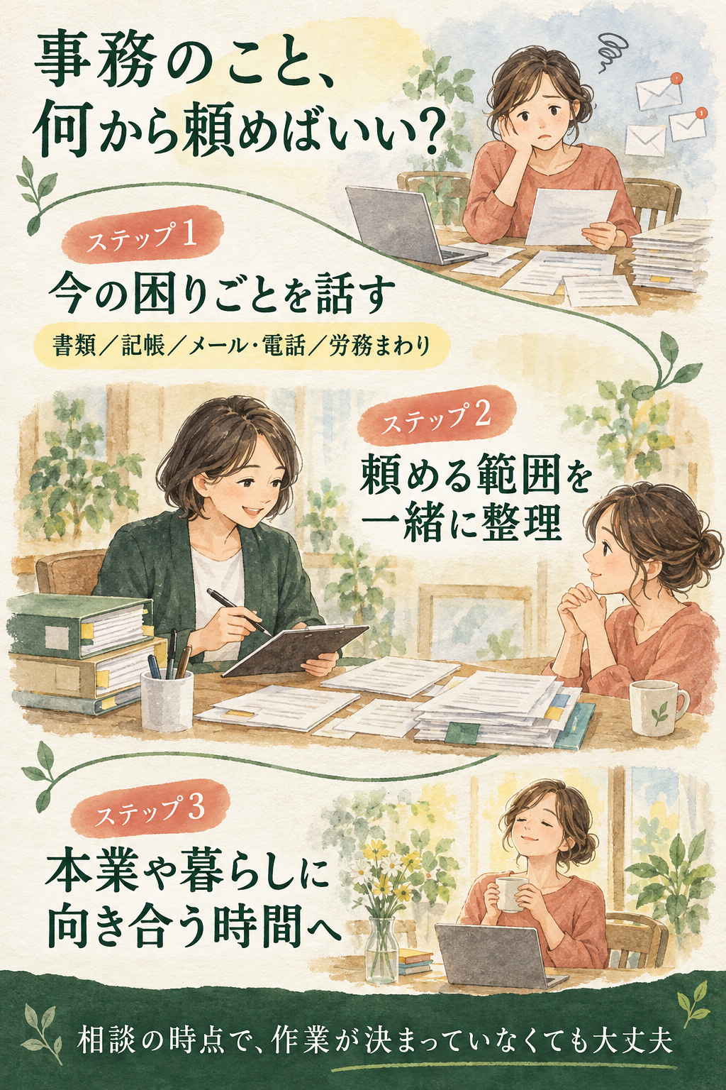 事務の困りごとを話し、頼める範囲を一緒に整理して、本業や暮らしに向き合う時間につなげる流れ