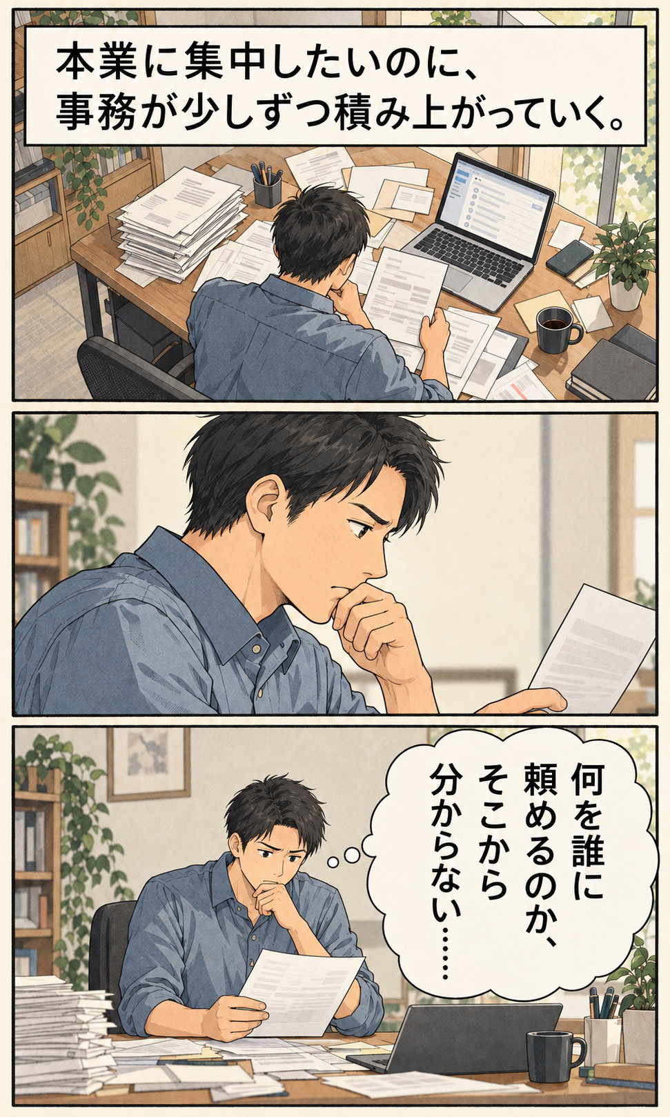 漫画2ページ目。事務作業が積み重なり、本業に手が回らない個人事業主