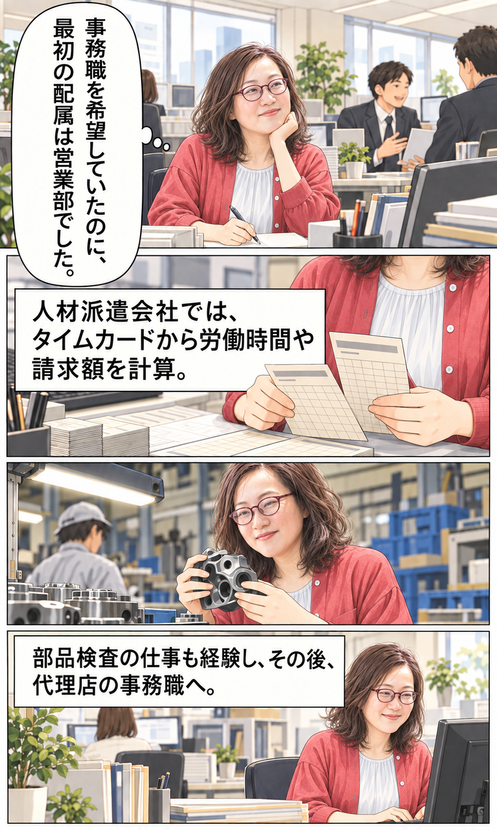 漫画4ページ目。全国200店舗の窓口を担った事務経験
