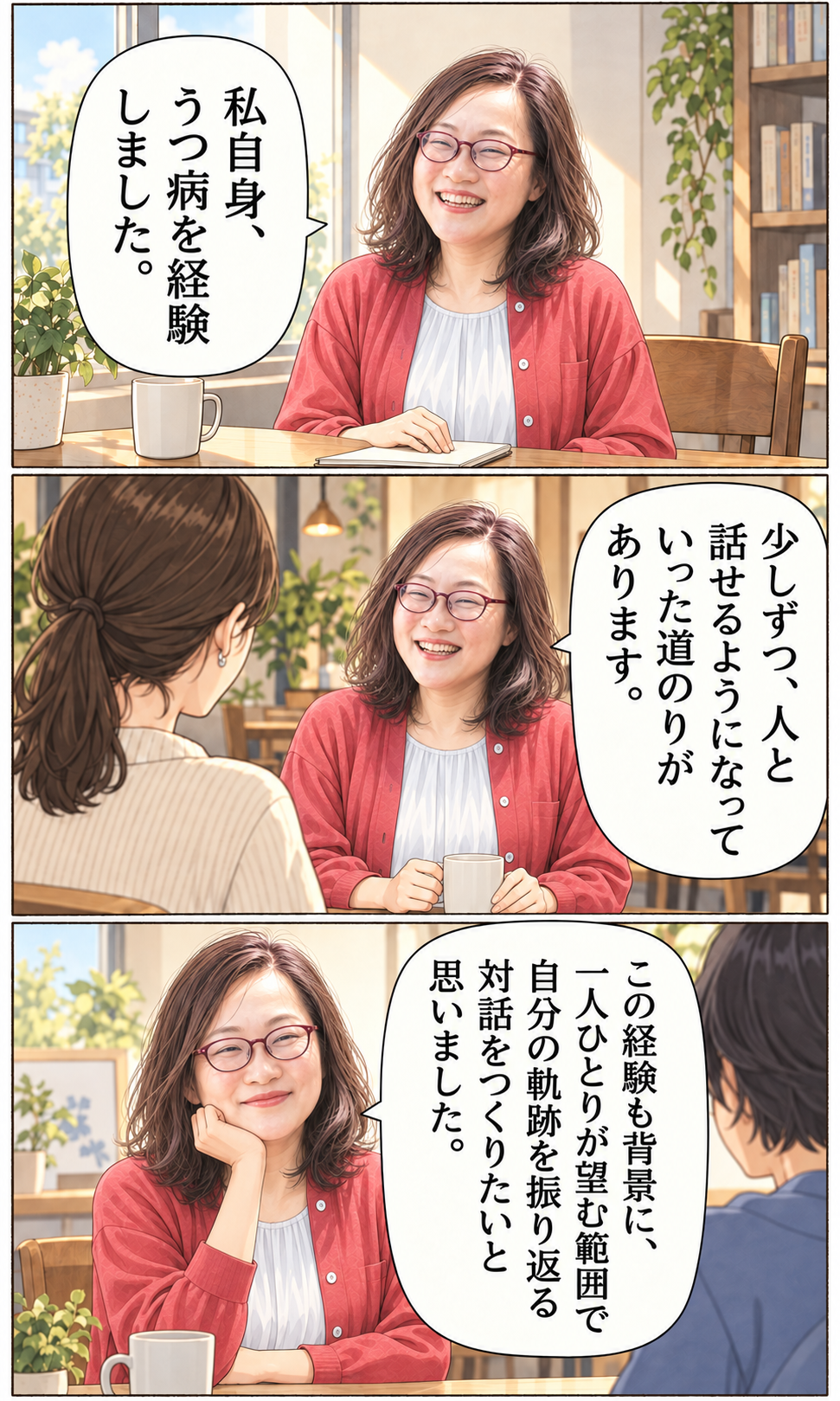 漫画8ページ目。うつ病を経験し、人と話せるようになっていった自身の歩み
